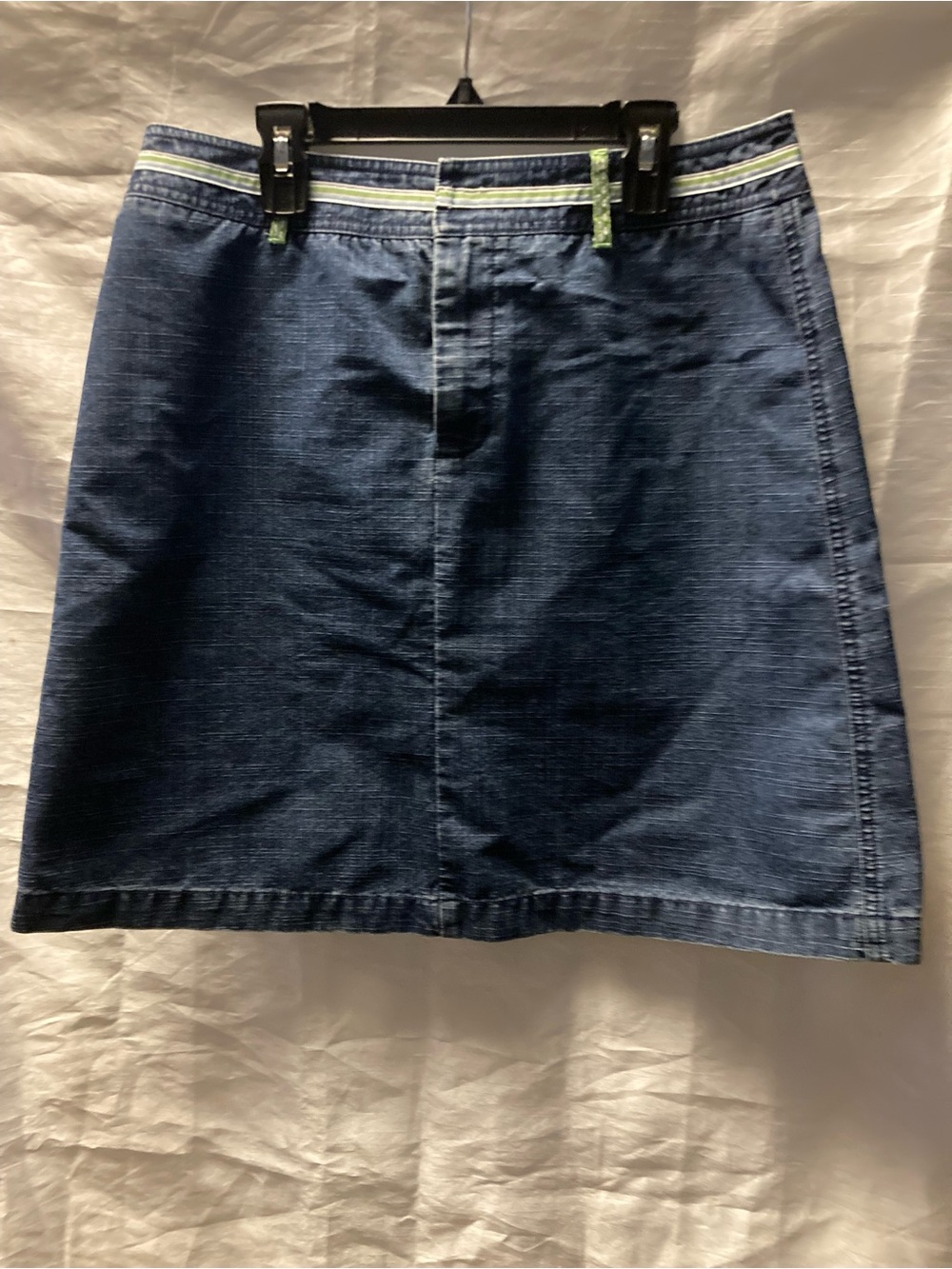Kate Hill Blue Denim A-Line Skirt with Green-Trim Waist